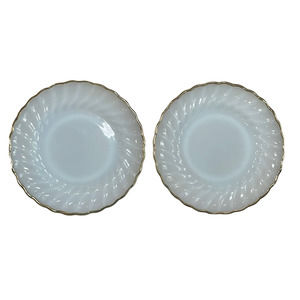 Fire King Dinnerware Swirl Salad Plates Milk Glass Gold Dessert Replacements Two